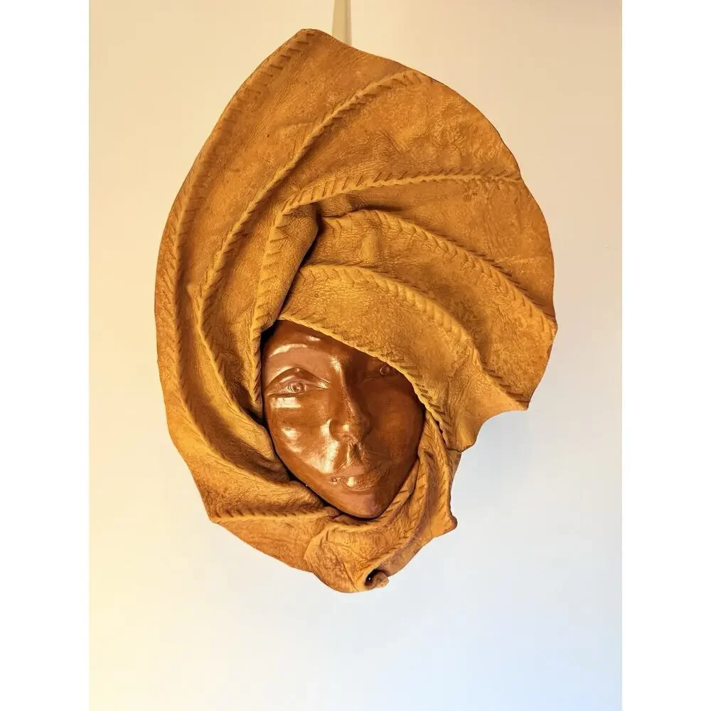 Leather Sculped Hand Tooled Molded Face Mask Wall Decor Folk Art 16x12